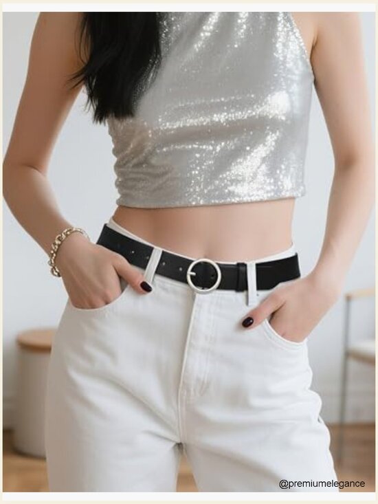 Women\'s Classic Round Buckle Leather Belt For Jeans Dresses